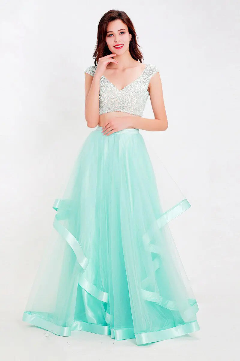Treasure Light Green Pearls Tulle Two Piece Gown Mscooco.co.uk