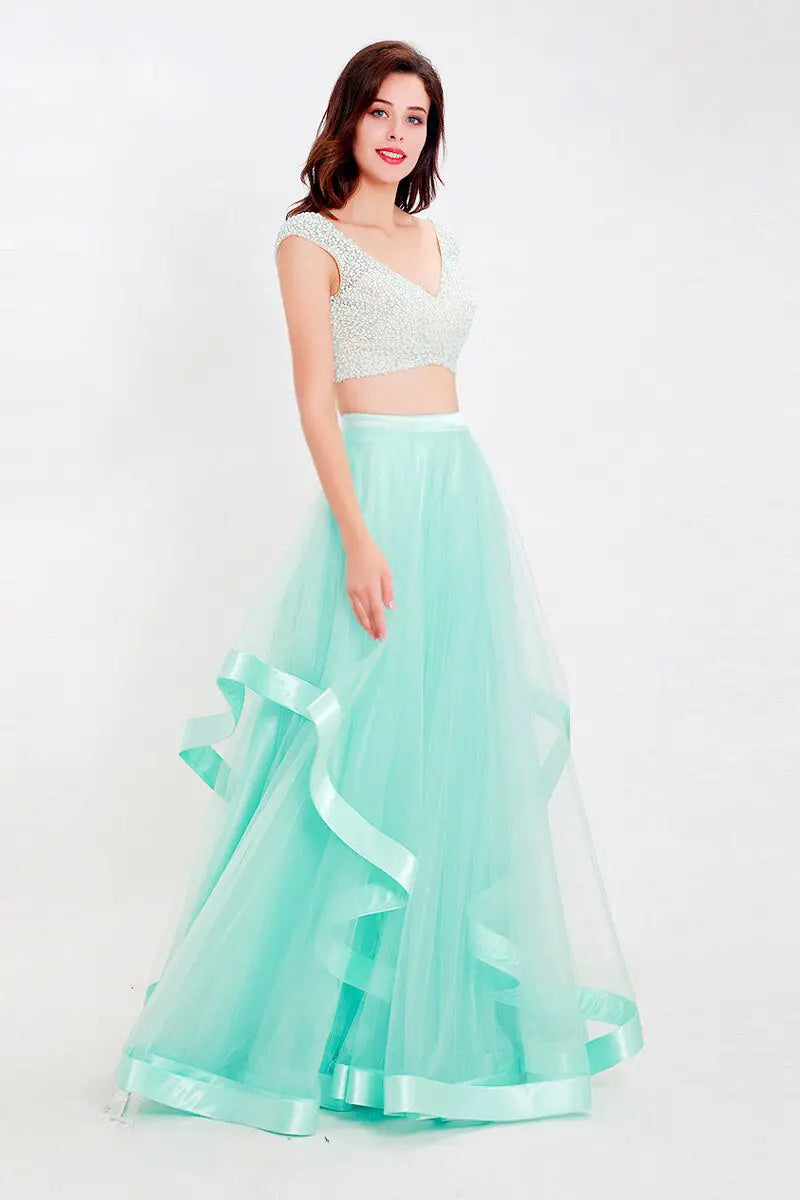 Treasure Light Green Pearls Tulle Two Piece Gown Mscooco.co.uk