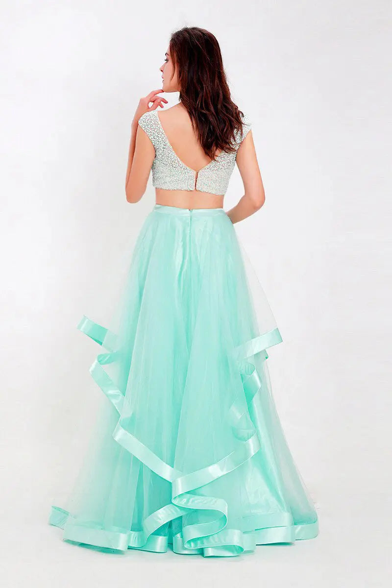 Treasure Light Green Pearls Tulle Two Piece Gown Mscooco.co.uk