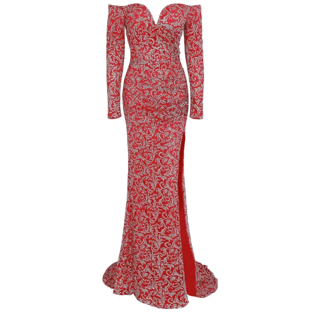 V Neck Off Shoulder Long Sleeve Elegant Dresses Female Maxi Dress - MSCOOCO