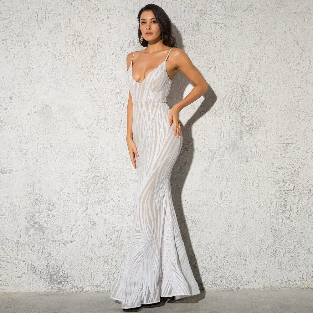 V Neck White Striped Sequin Stretch Long Mermaid Dress - MSCOOCO