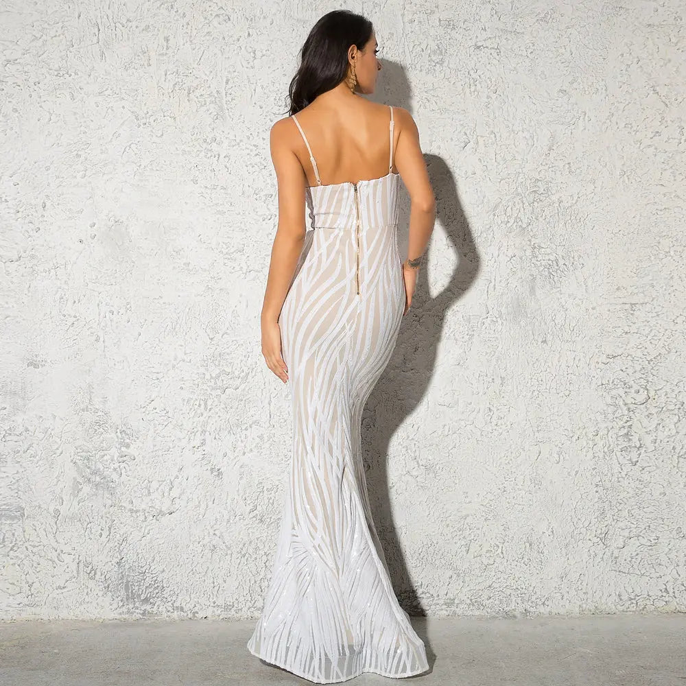 V Neck White Striped Sequin Stretch Long Mermaid Dress - MSCOOCO