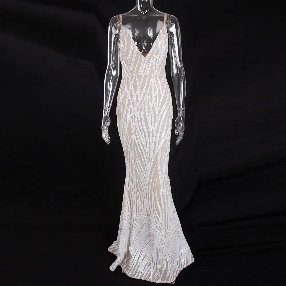 V Neck White Striped Sequin Stretch Long Mermaid Dress - MSCOOCO