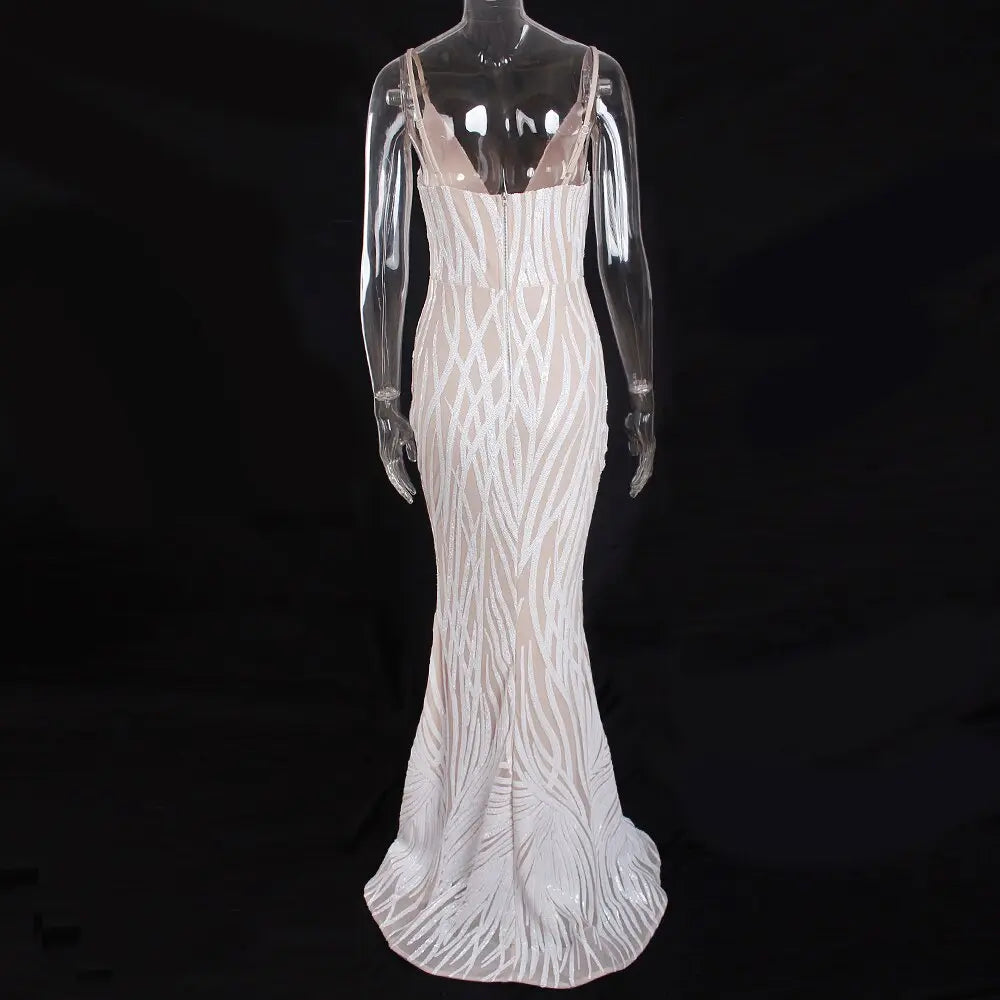 V Neck White Striped Sequin Stretch Long Mermaid Dress - MSCOOCO