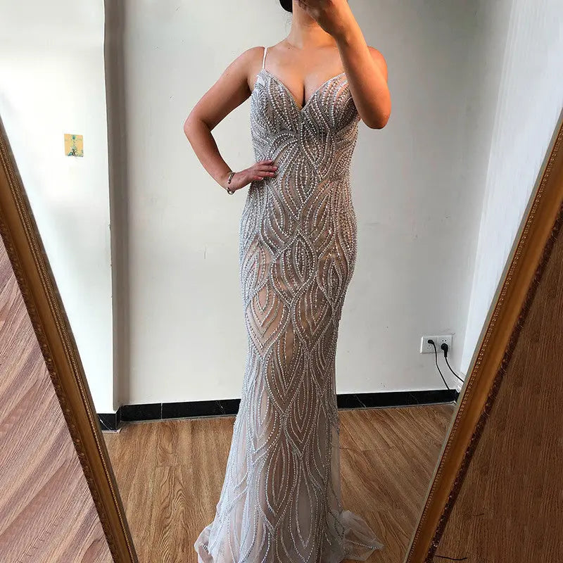 Valencia Mermaid Pearls Crystal Evening Dress Mscooco.co.uk