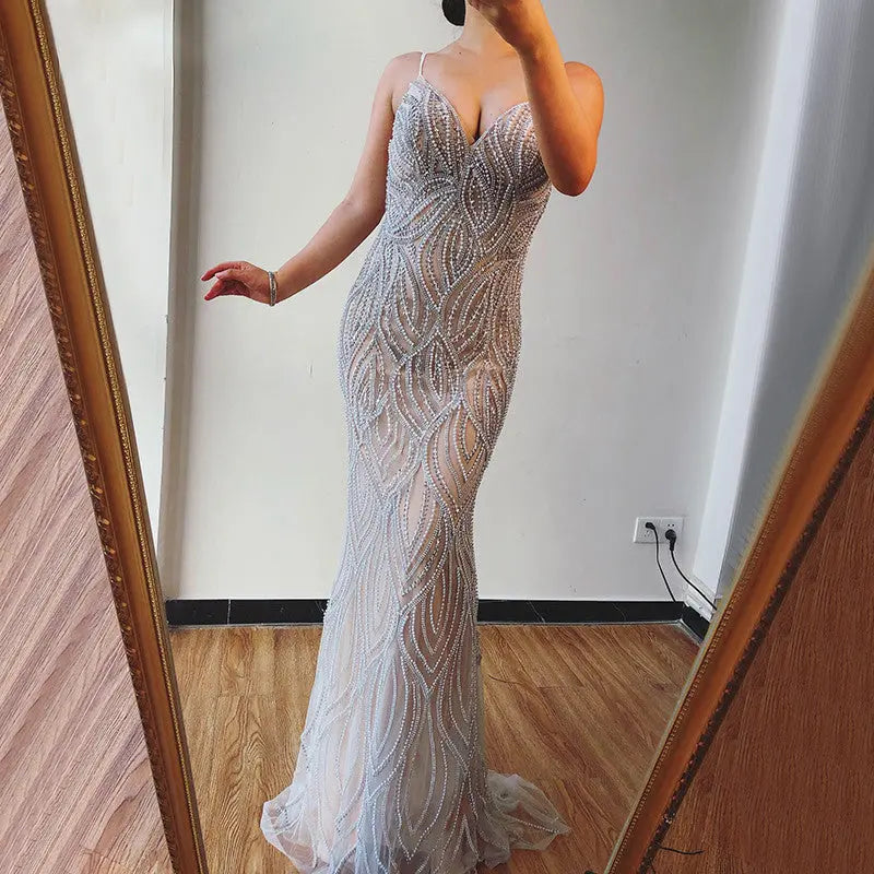 Valencia Mermaid Pearls Crystal Evening Dress Mscooco.co.uk