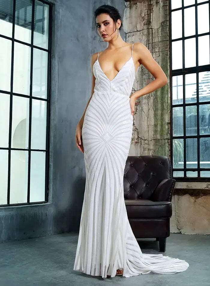 White Deep V Neck Open Back Geometry Sequins Long Dress - MSCOOCO