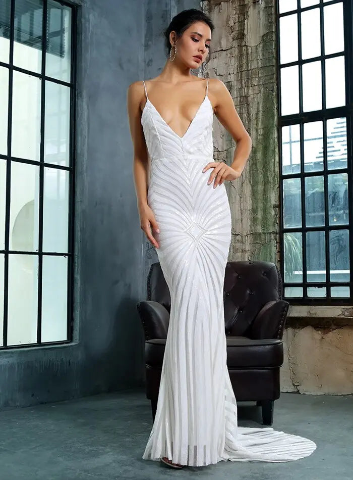White Deep V Neck Open Back Geometry Sequins Long Dress - MSCOOCO