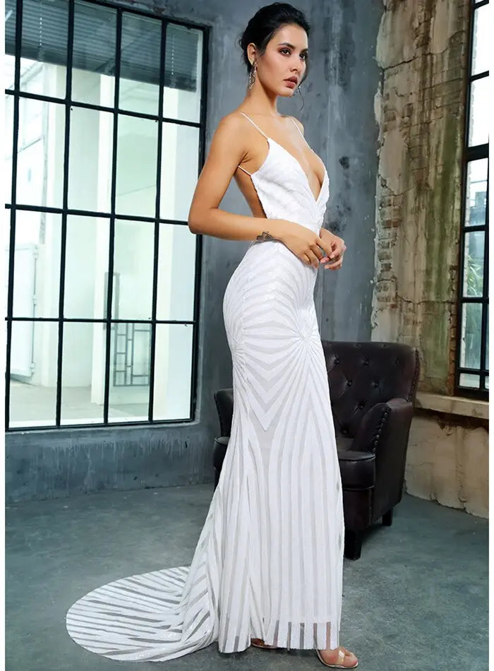 White Deep V Neck Open Back Geometry Sequins Long Dress - MSCOOCO