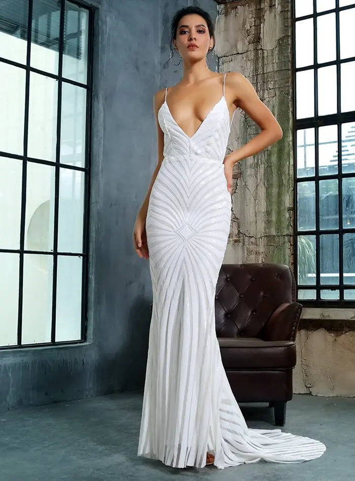 White Deep V Neck Open Back Geometry Sequins Long Dress - MSCOOCO