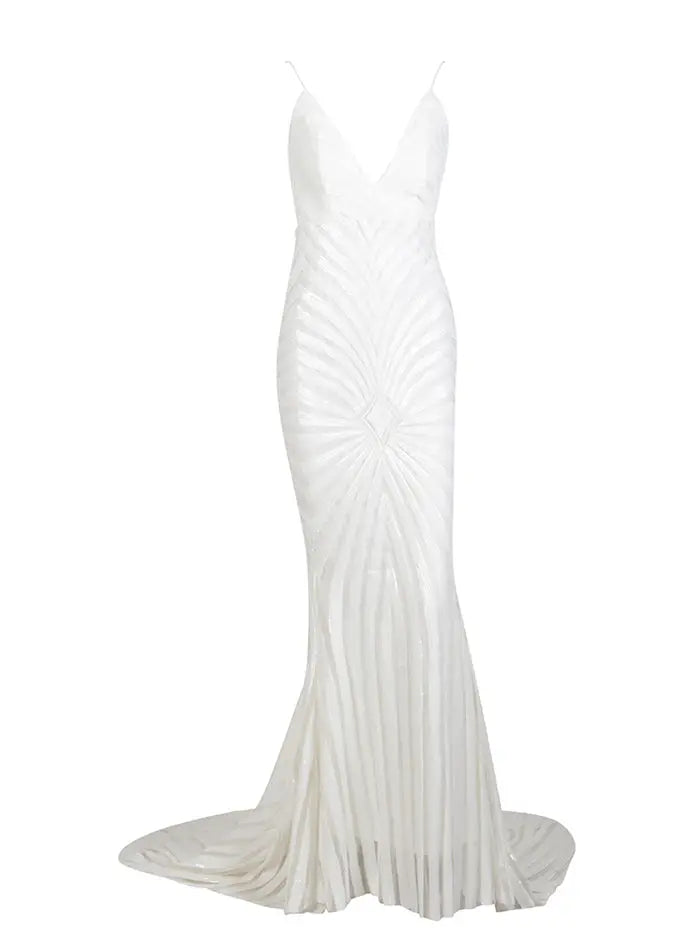 White Deep V Neck Open Back Geometry Sequins Long Dress - MSCOOCO