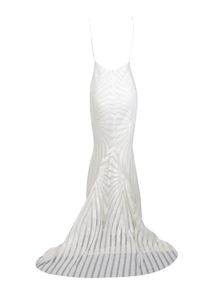 White Deep V Neck Open Back Geometry Sequins Long Dress - MSCOOCO
