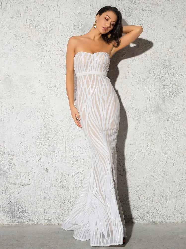 White Strapless Sequined Maxi Dress Mscooco.co.uk