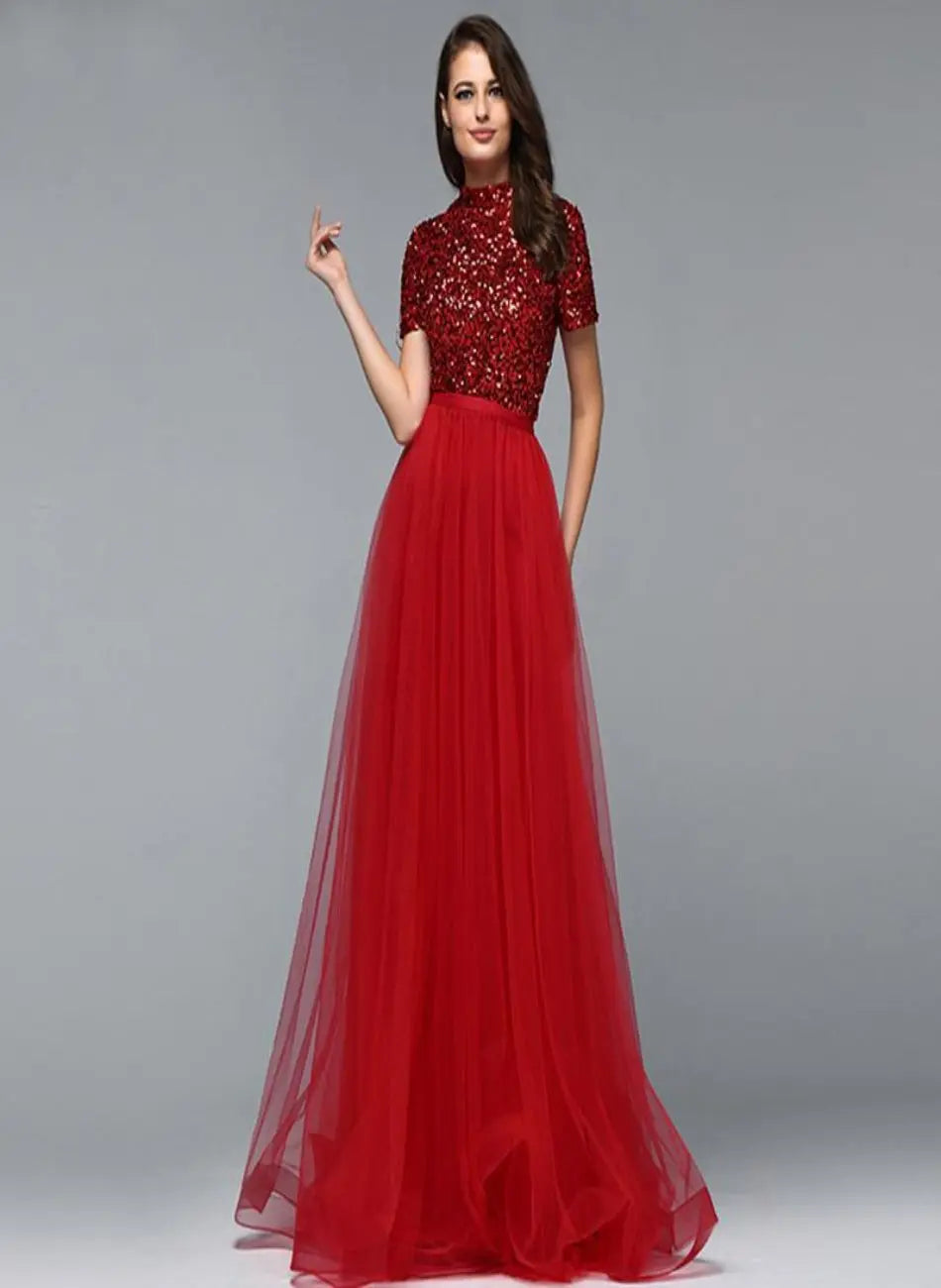 Yadiel Red Crystal Short Sleeves Evening Dress Mscooco.co.uk