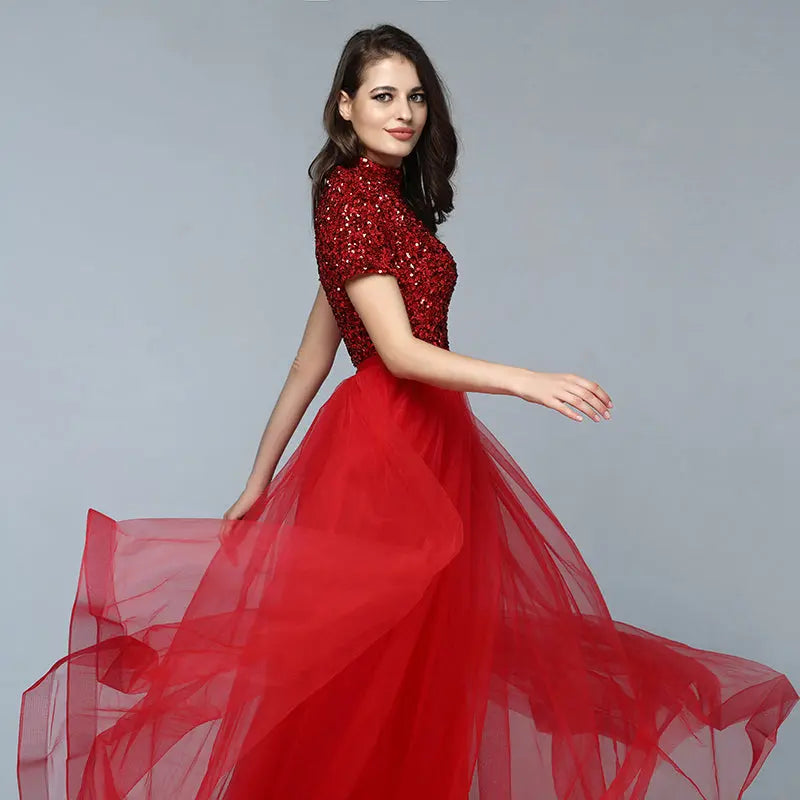 Yadiel Red Crystal Short Sleeves Evening Dress Mscooco.co.uk