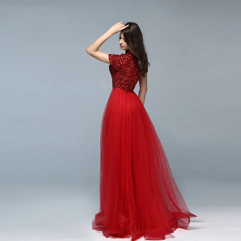 Yadiel Red Crystal Short Sleeves Evening Dress Mscooco.co.uk