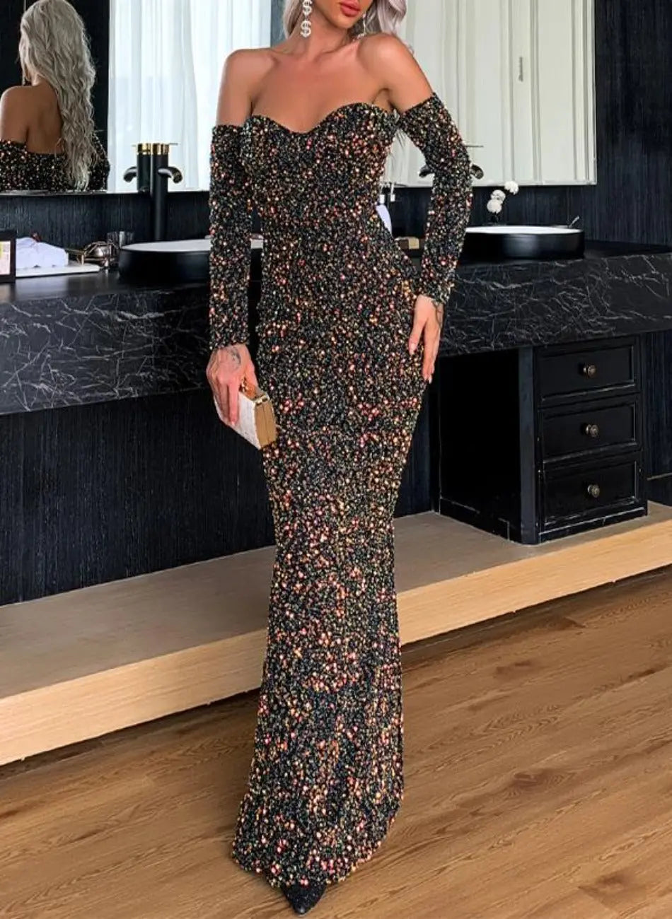 Yara Long Sleeve Sequin Maxi Dress Mscooco