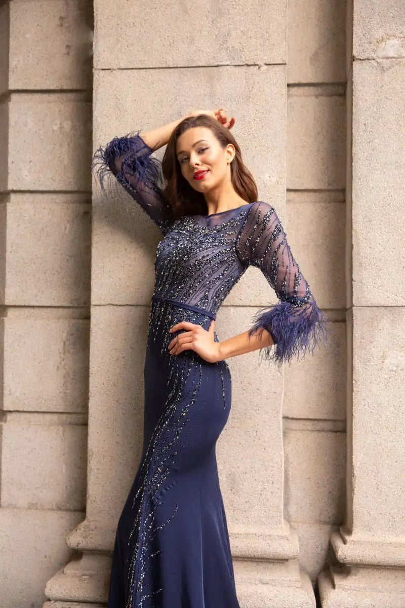 Navy Blue Beading Feathers O-Neck Illusion Maxi Dress - MSCOOCO