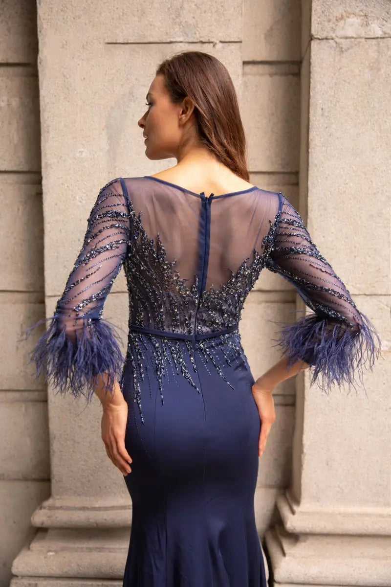 Navy Blue Beading Feathers O-Neck Illusion Maxi Dress - MSCOOCO