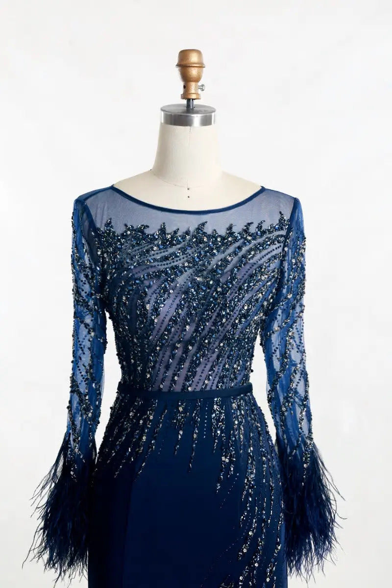Navy Blue Beading Feathers O-Neck Illusion Maxi Dress - MSCOOCO