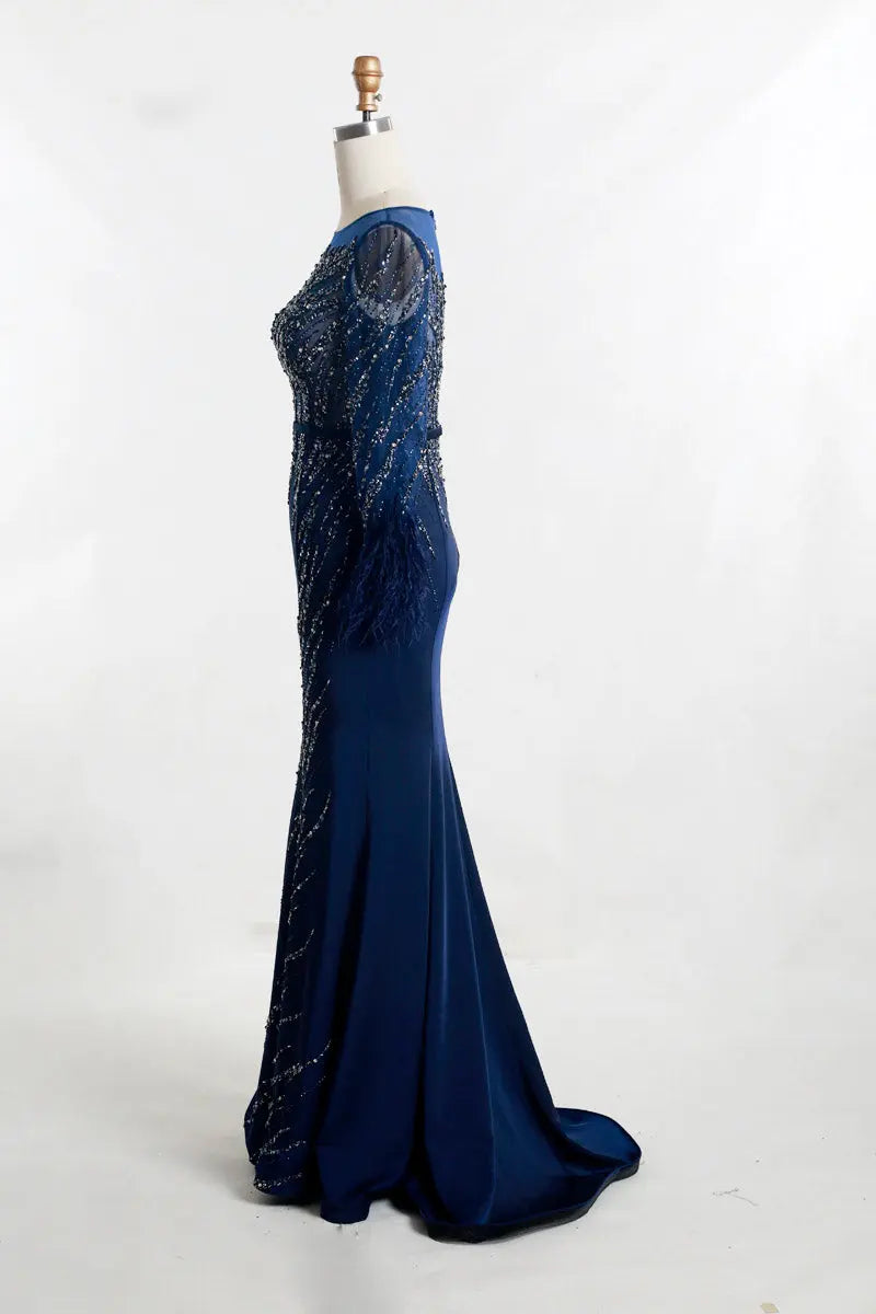 Navy Blue Beading Feathers O-Neck Illusion Maxi Dress - MSCOOCO