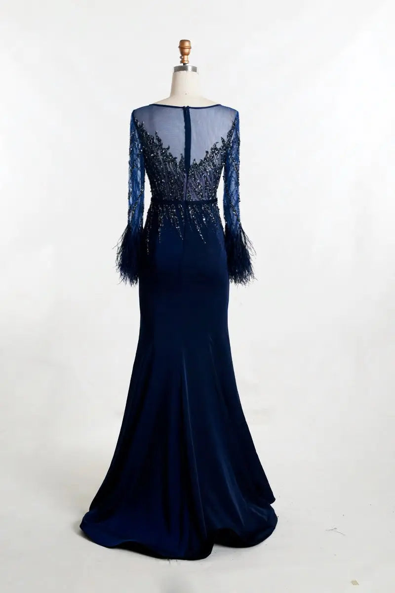 Navy Blue Beading Feathers O-Neck Illusion Maxi Dress - MSCOOCO