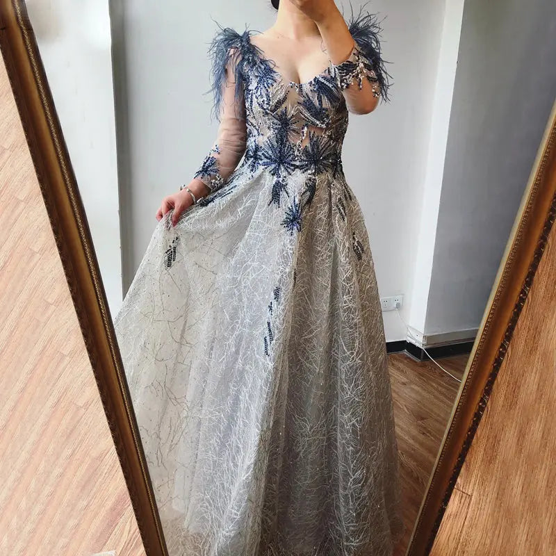 ZOE Feathers Crystal Evening Gown Mscooco.co.uk