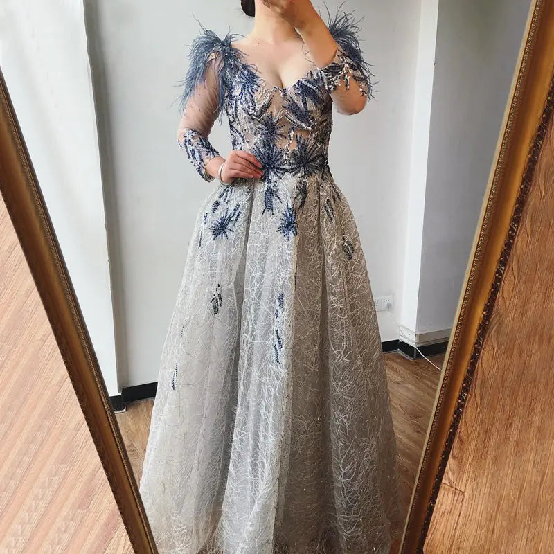 ZOE Feathers Crystal Evening Gown Mscooco.co.uk