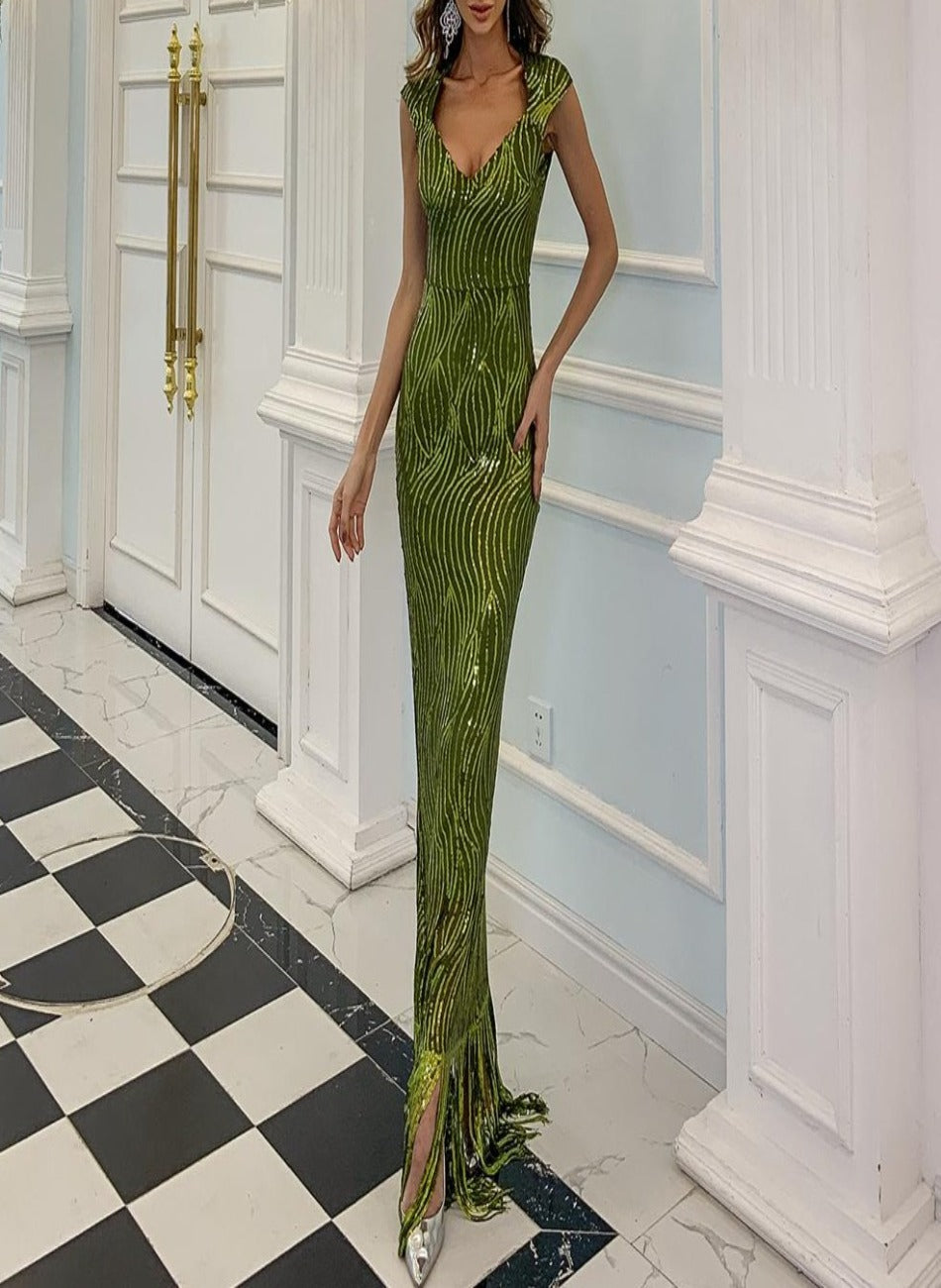 Tara Green Sleeveless Sequins Maxi Dress Mscooco.co.uk