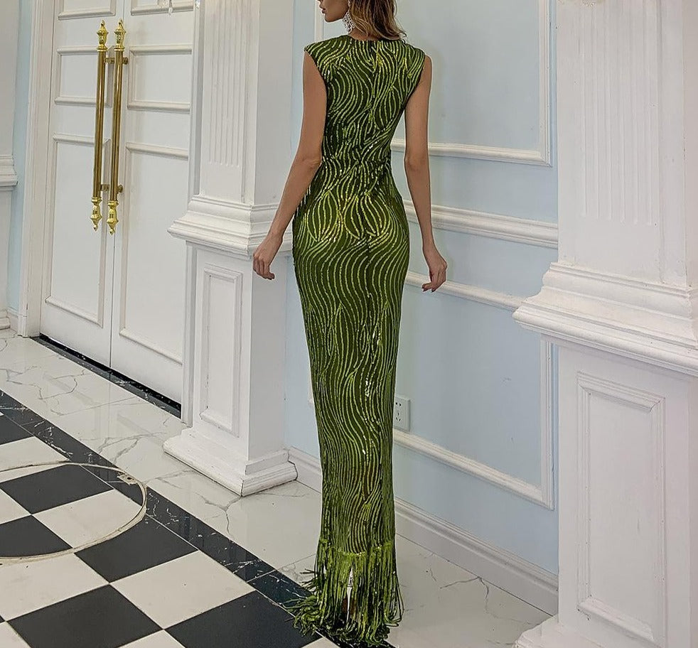 Tara Green Sleeveless Sequins Maxi Dress Mscooco.co.uk