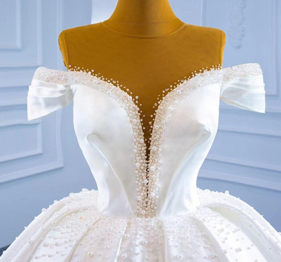 White Satin Beading Pearls Lace Up Bridal Dress Mscooco.co.uk