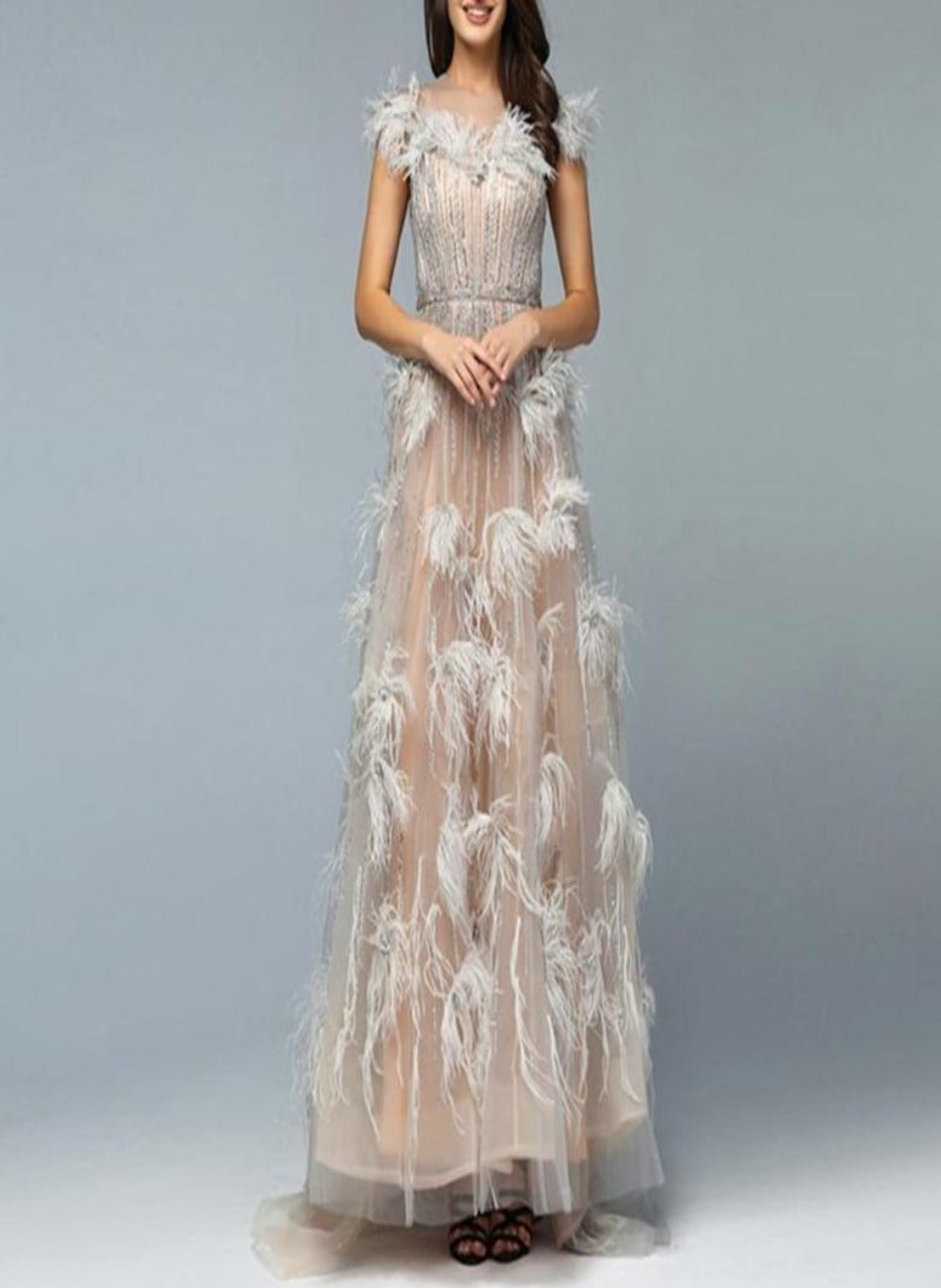 Tessa Elegant Feathers Beading Formal Dress Mscooco.co.uk