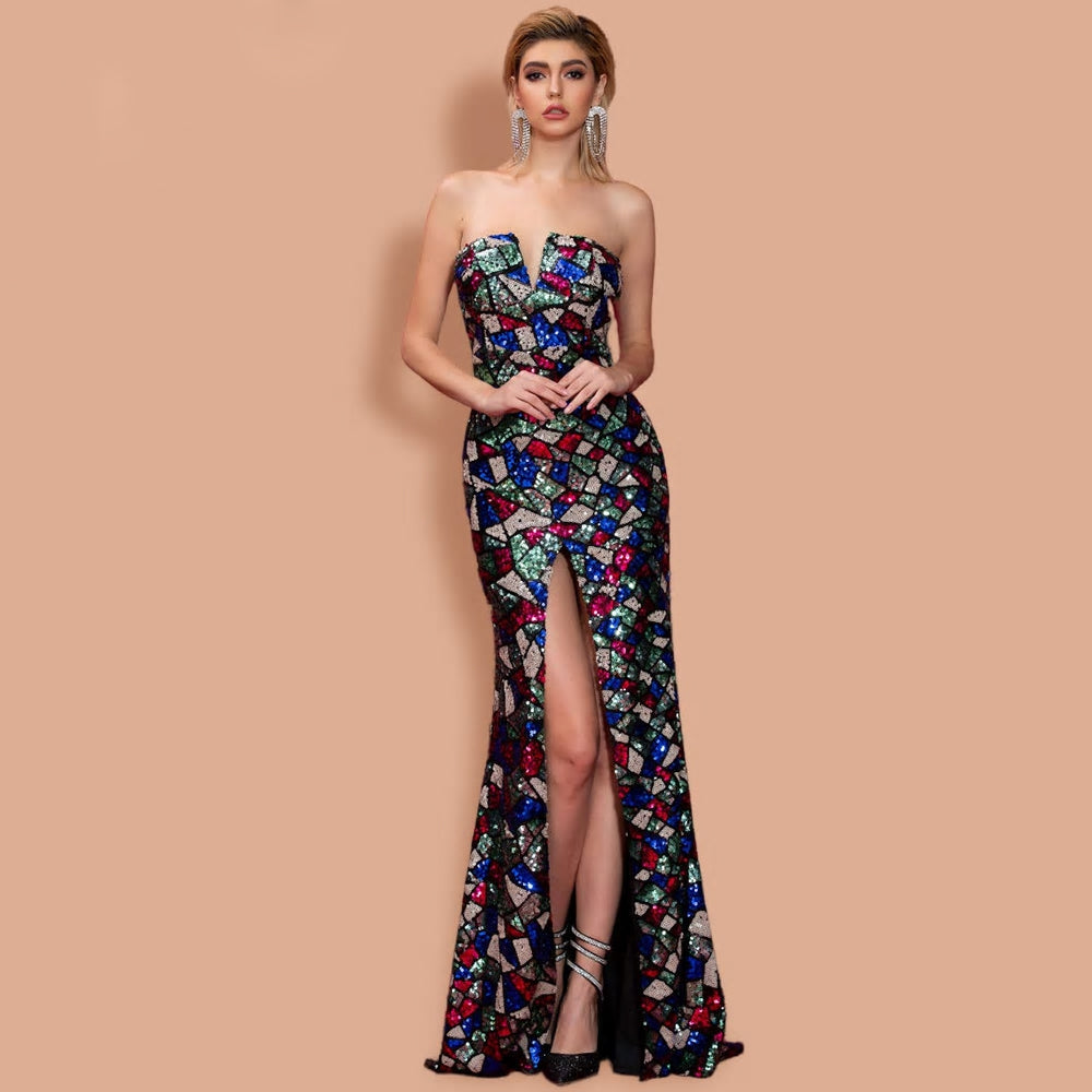 V Neck Off Shoulder Sequin High Split Maxi Dress - MSCOOCO