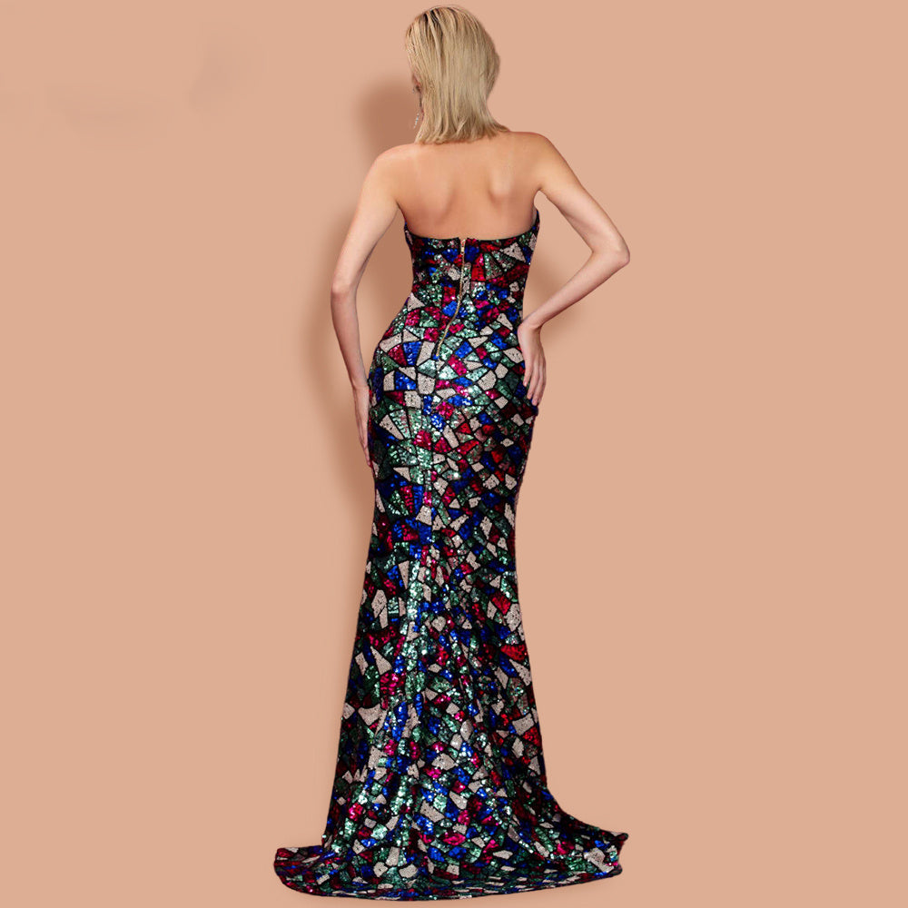 V Neck Off Shoulder Sequin High Split Maxi Dress - MSCOOCO