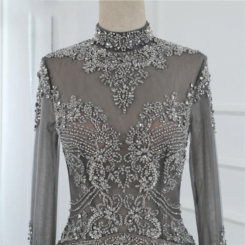 Luxury Long Sleeves Mermaid Diamond Sequined Sparkly Evening Gown - MSCOOCO