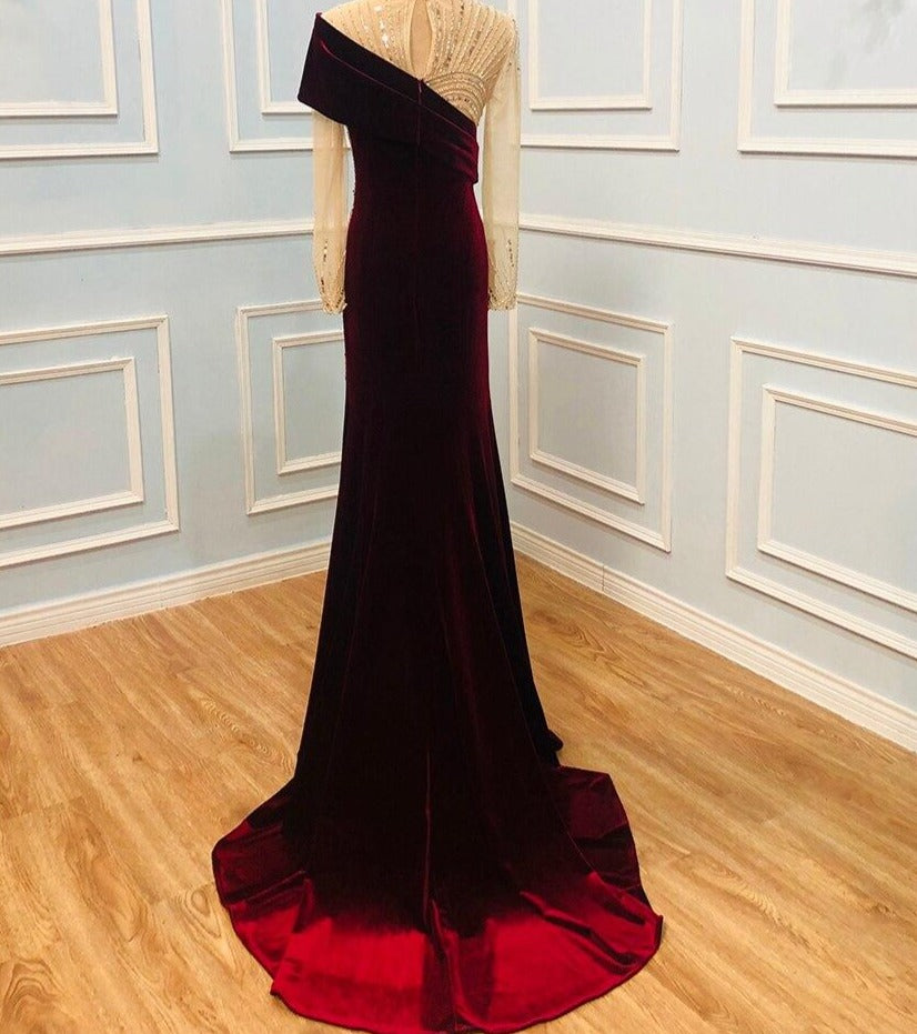 Reese Wine Red Velvet Mermaid Beading Formal Dress Mscooco.co.uk