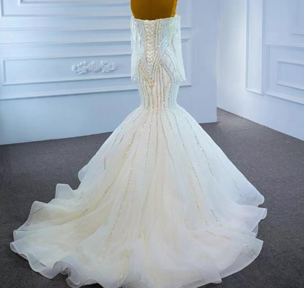 White Luxury Mermaid Beading Pearls Wedding Dress Mscooco.co.uk