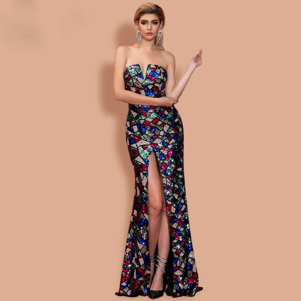 V Neck Off Shoulder Sequin High Split Maxi Dress - MSCOOCO