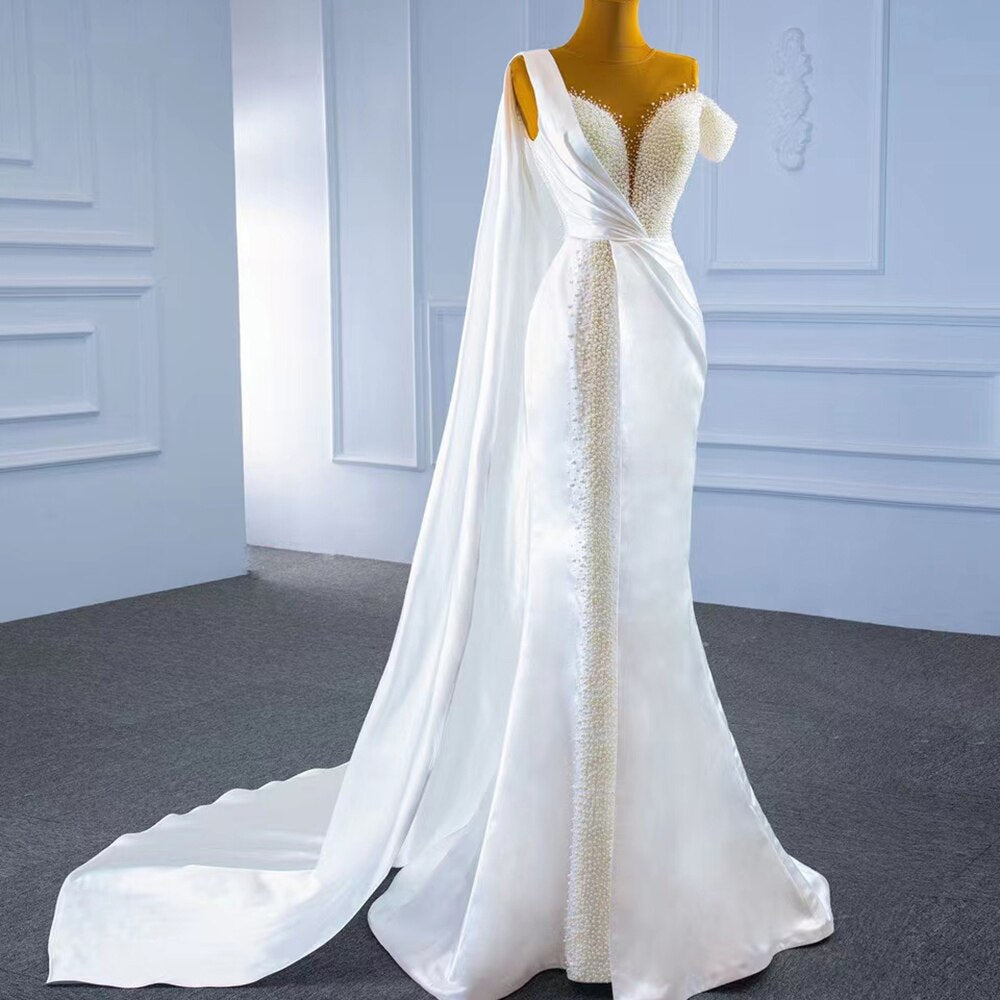White Mermaid With Train Satin Pearls Wedding Dress Mscooco.co.uk