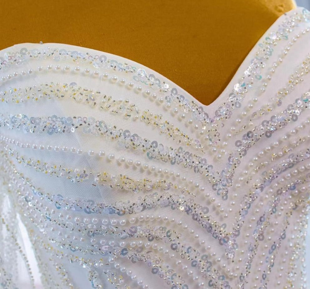 White Luxury Mermaid Beading Pearls Wedding Dress Mscooco.co.uk