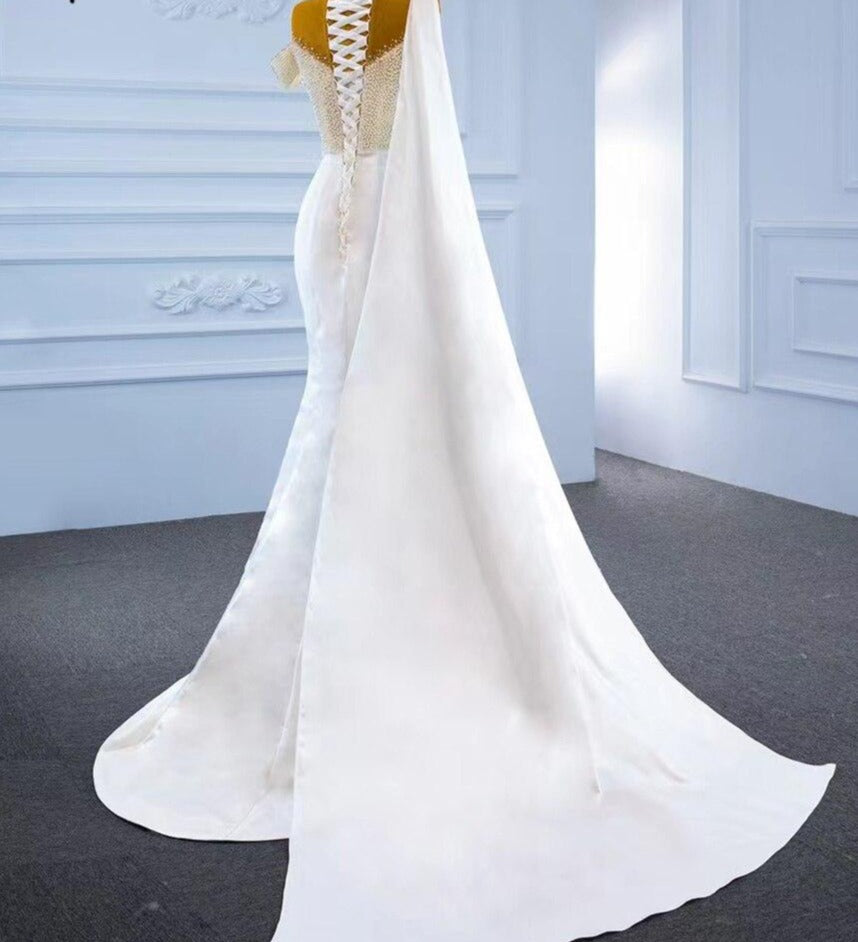 White Mermaid With Train Satin Pearls Wedding Dress Mscooco.co.uk