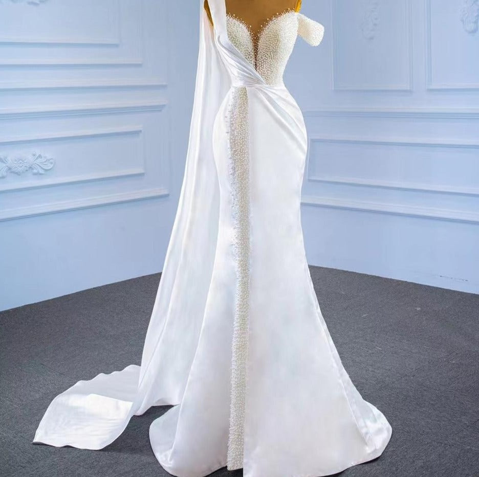 White Mermaid With Train Satin Pearls Wedding Dress Mscooco.co.uk