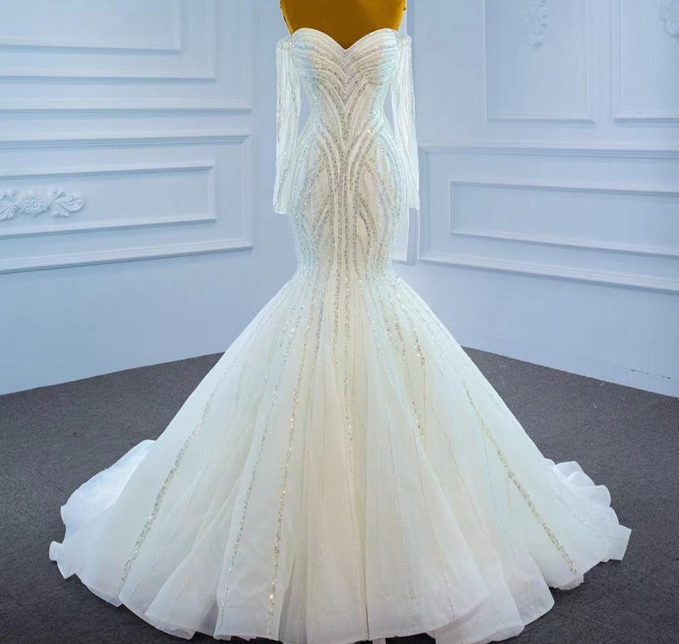 White Luxury Mermaid Beading Pearls Wedding Dress Mscooco.co.uk