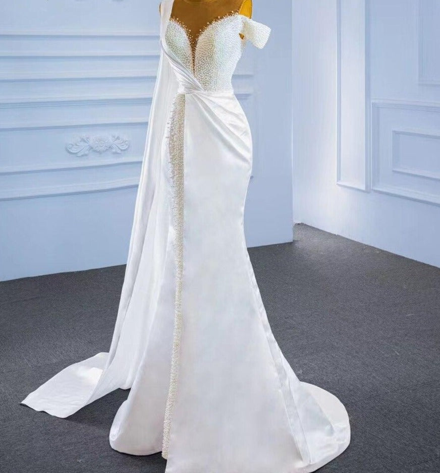 White Mermaid With Train Satin Pearls Wedding Dress Mscooco.co.uk