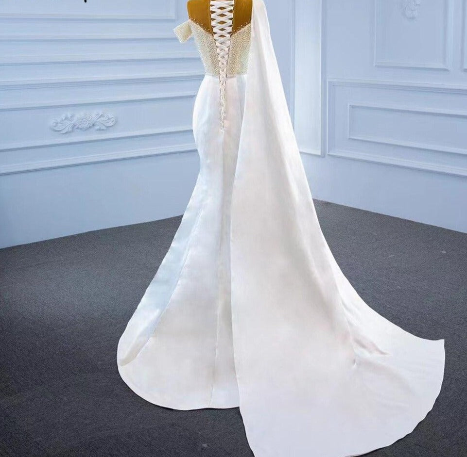 White Mermaid With Train Satin Pearls Wedding Dress Mscooco.co.uk