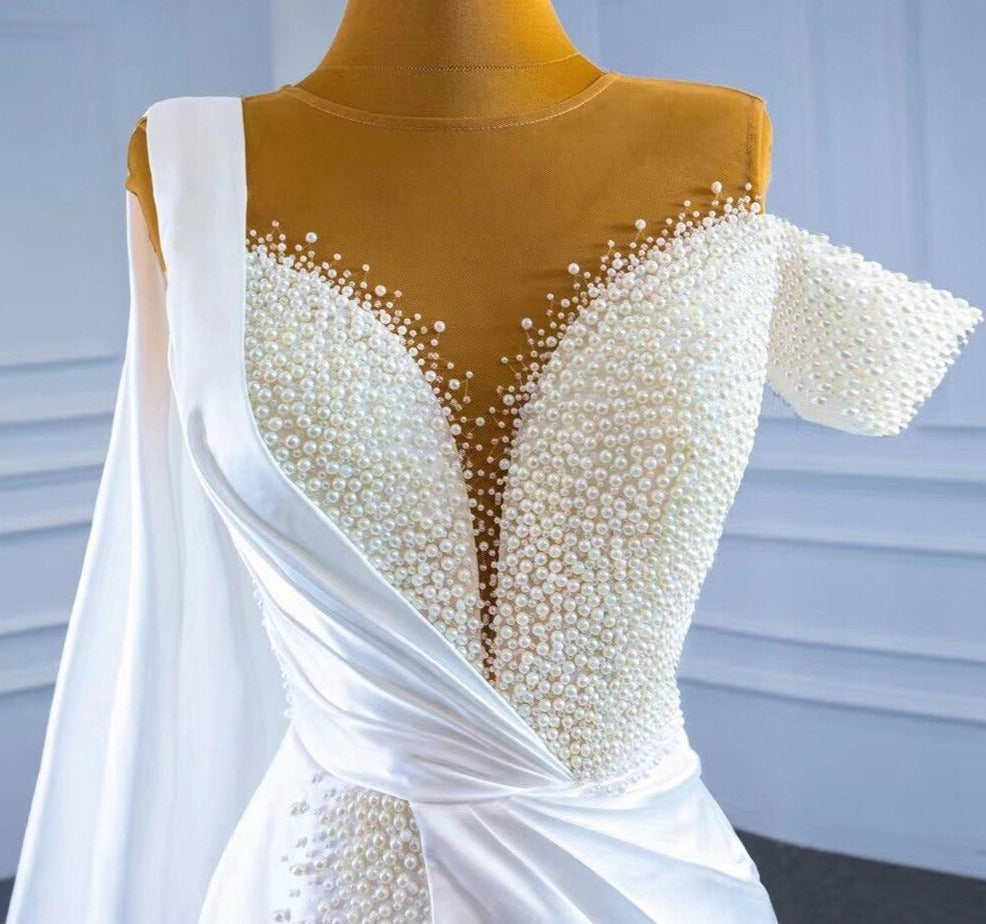 White Mermaid With Train Satin Pearls Wedding Dress Mscooco.co.uk