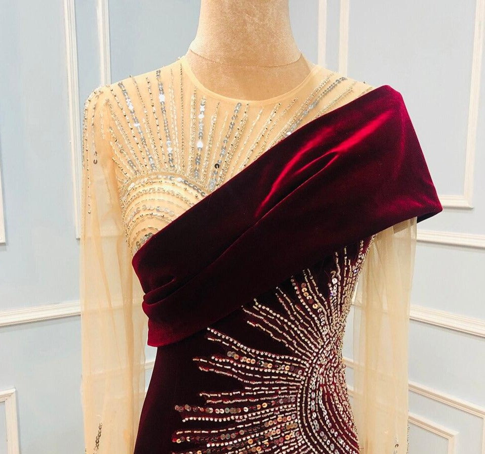 Reese Wine Red Velvet Mermaid Beading Formal Dress Mscooco.co.uk