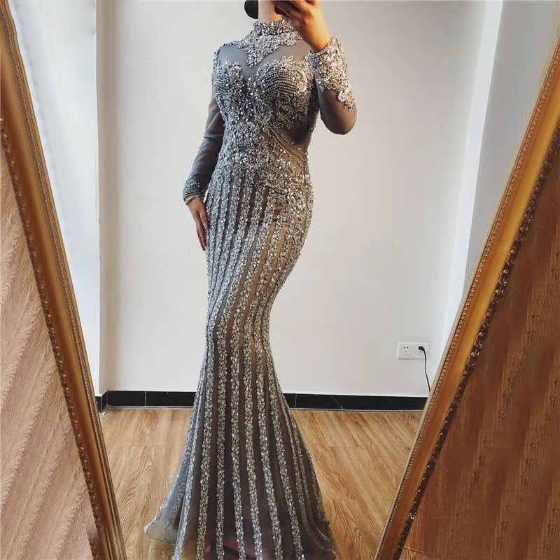 Luxury Long Sleeves Mermaid Diamond Sequined Sparkly Evening Gown - MSCOOCO