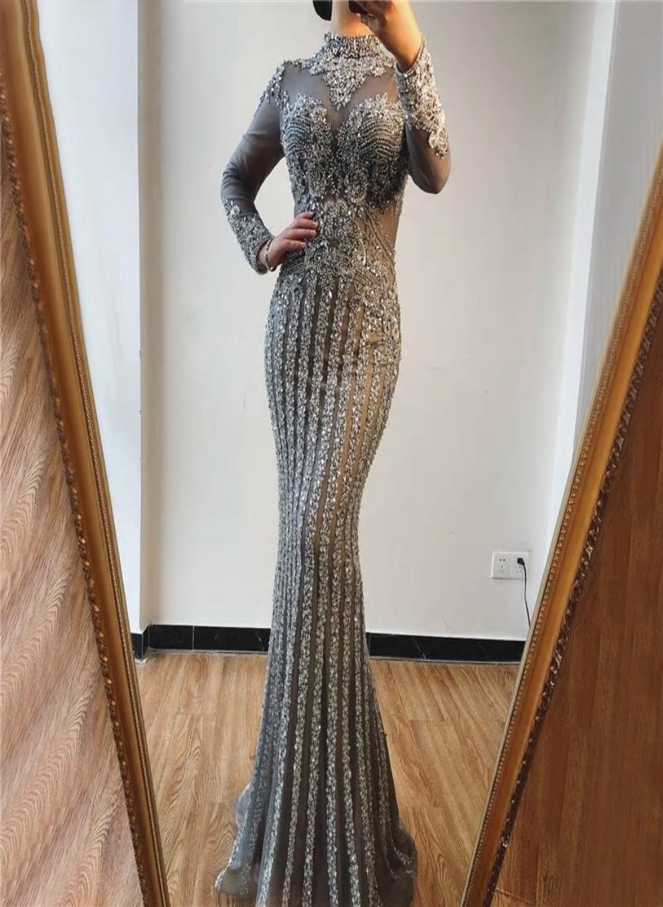 Luxury Long Sleeves Mermaid Diamond Sequined Sparkly Evening Gown - MSCOOCO
