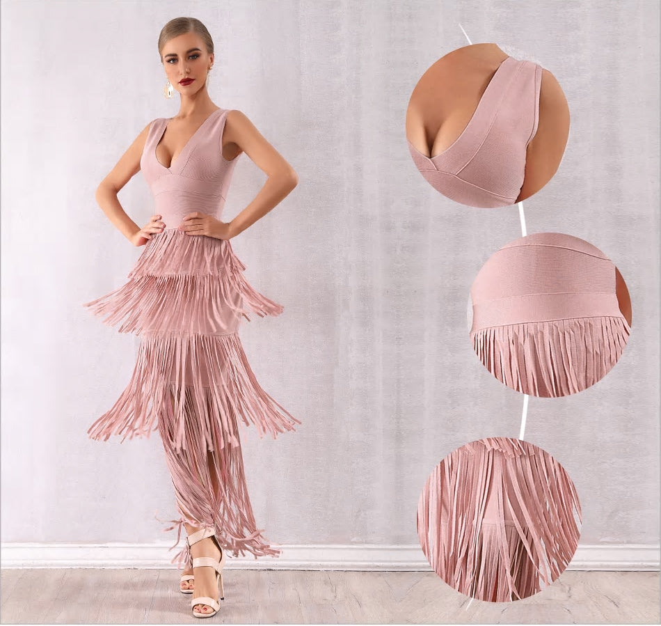 Pink Fringe Maxi Tassel Dress Mscooco.co.uk